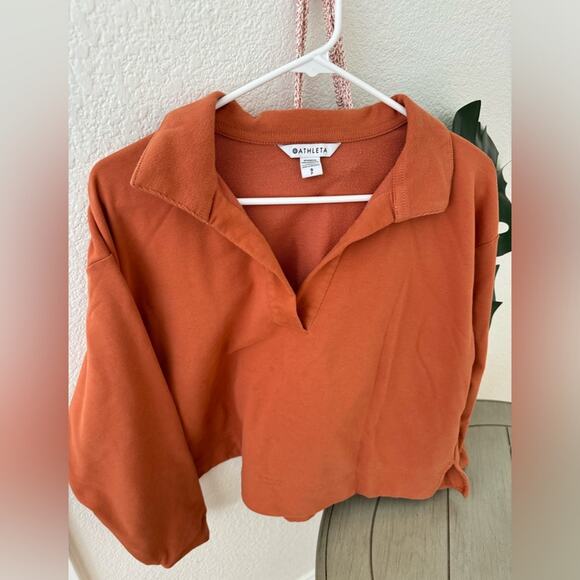 Athleta Orange Cropped Polo Top Small Relaxed Fit Long Sleeve Casual Lightweight - Picture 1 of 4